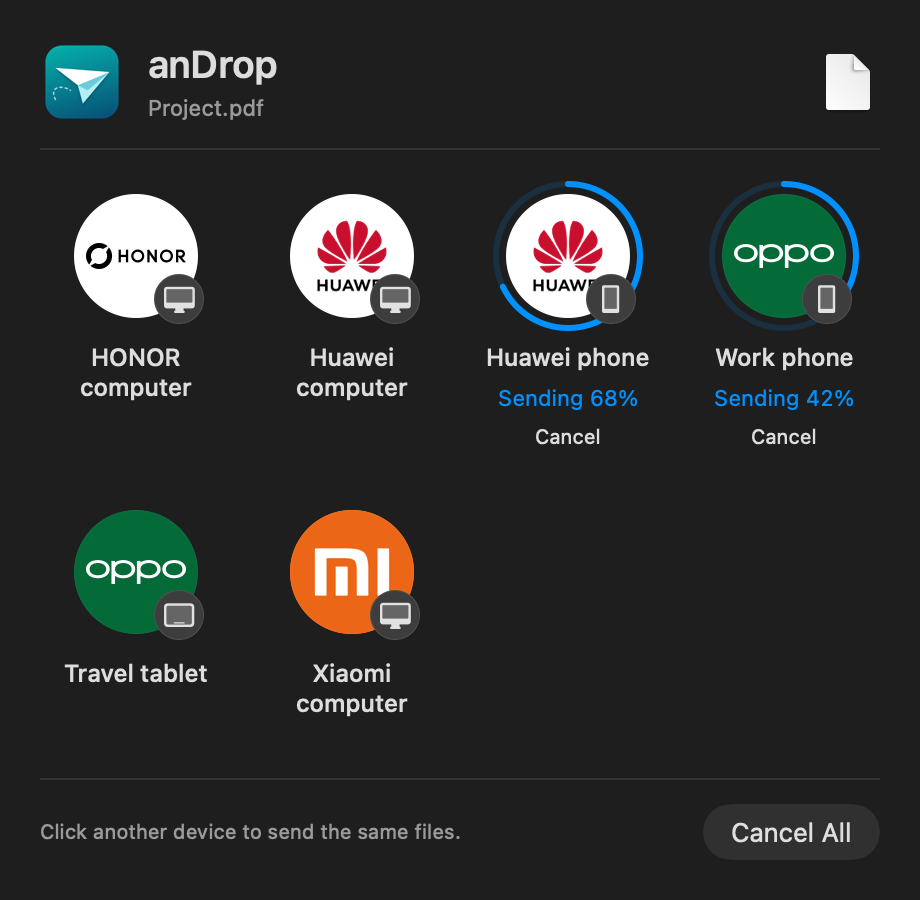 anDrop showing independent Huawei and OPPO send progress.
