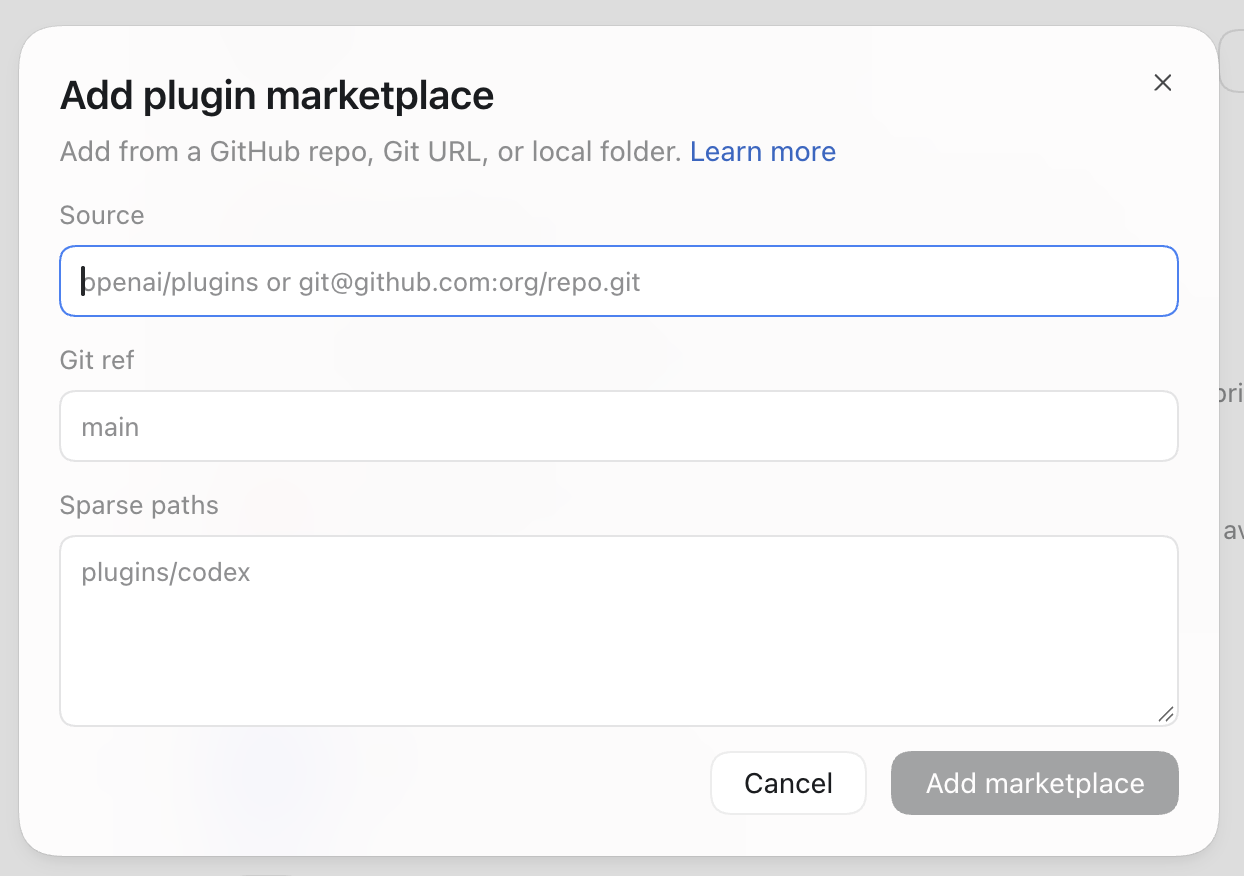 Codex Add plugin marketplace dialog with Source, Git ref, and Sparse paths fields.