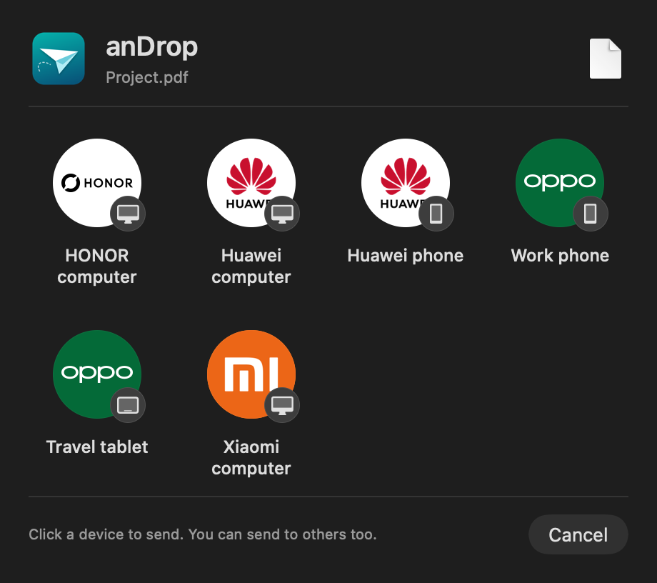 華為端末も表示するanDropの送信先選択画面。