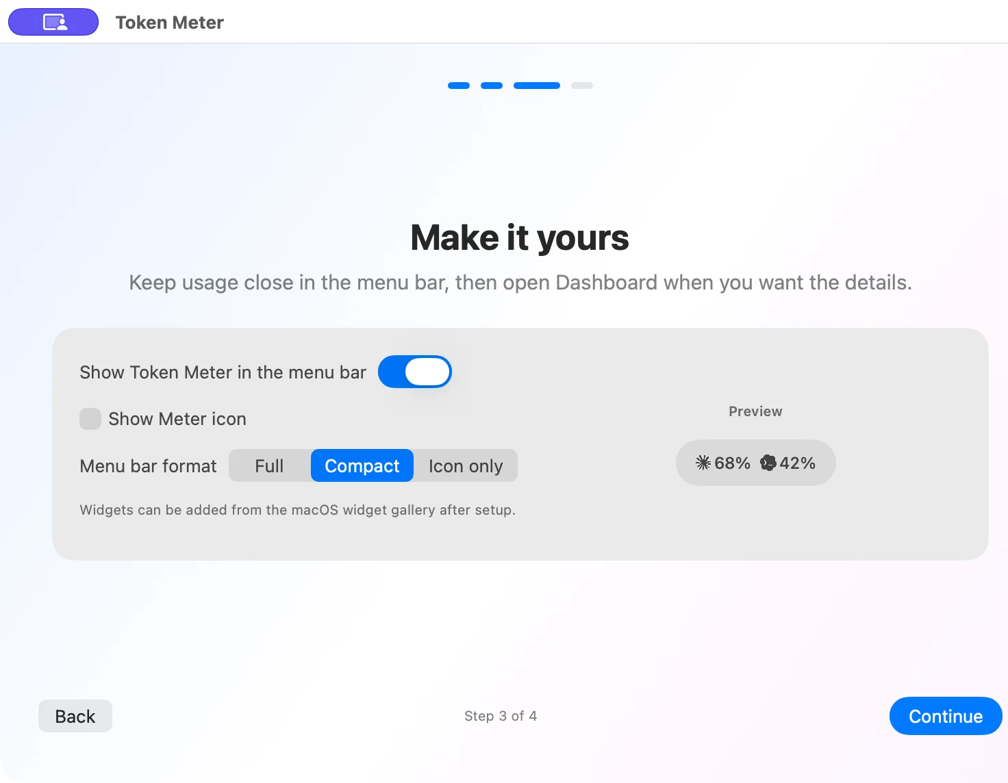 メニューバーの表示形式を選択する画面