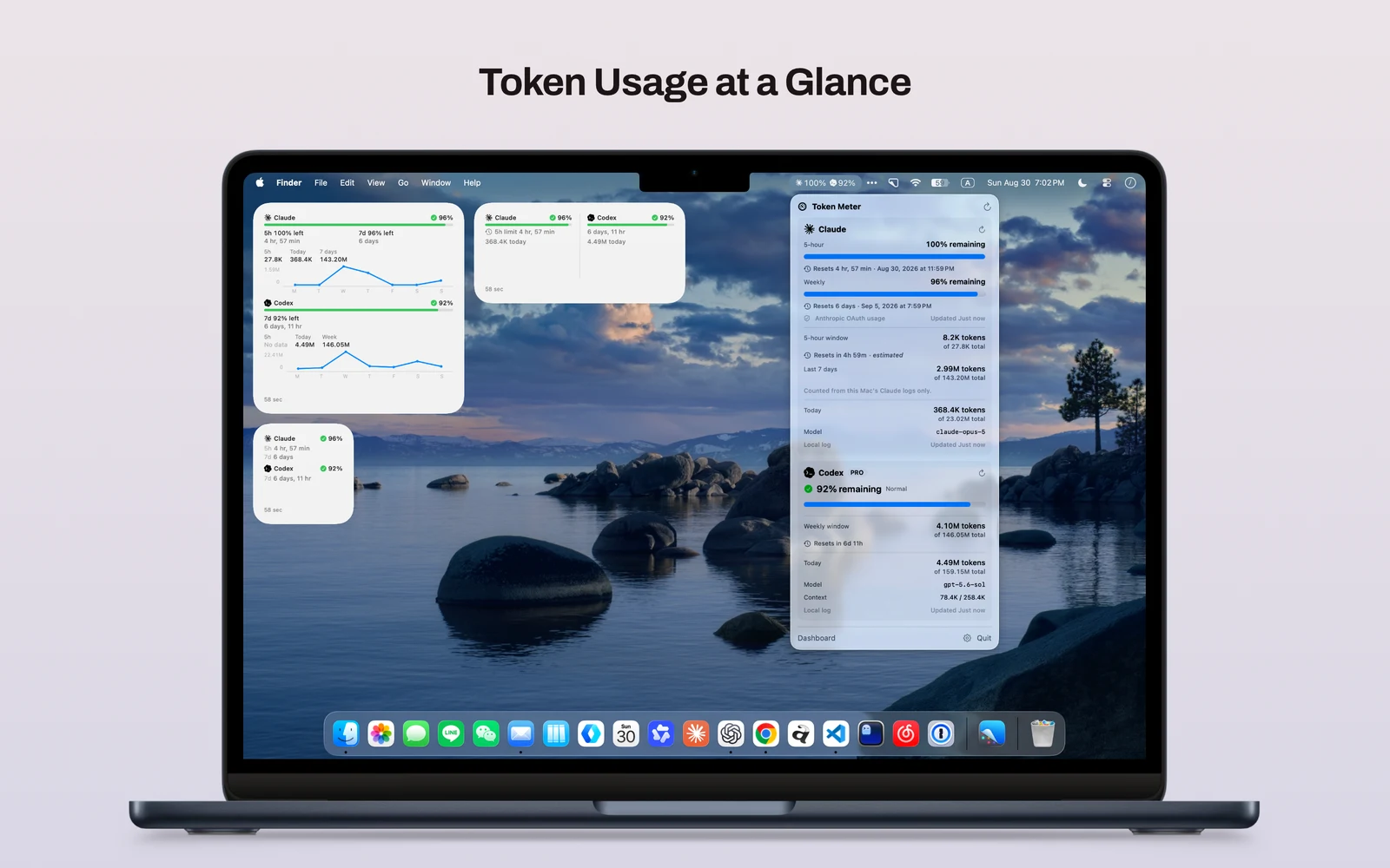 Token Meterのメニューバーとウィジェットに表示されたClaude CodeとCodexの使用量